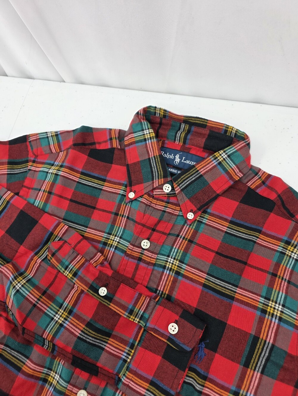 NWT Vintage Ralph Lauren Flannel Long Sleeve Classic Fit Red Green Plaid Small.
